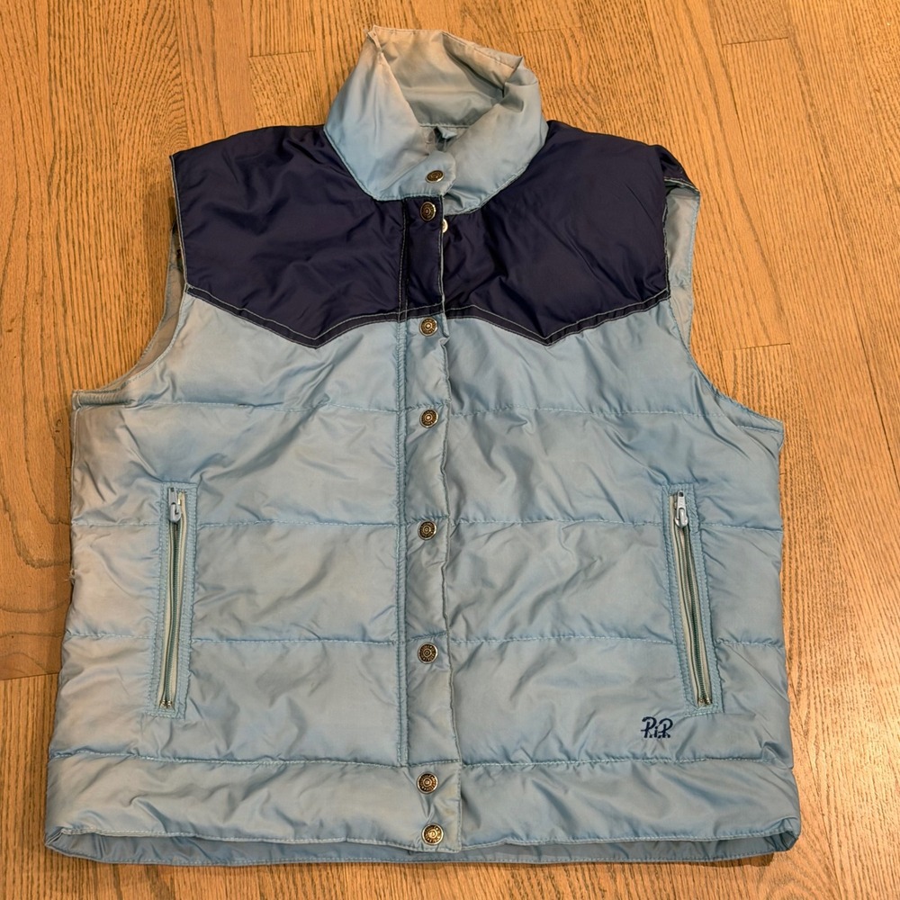Vintage Ski Daddle Down Puffer Vest Blue Western Yoke Thrashed Large 70s 80s